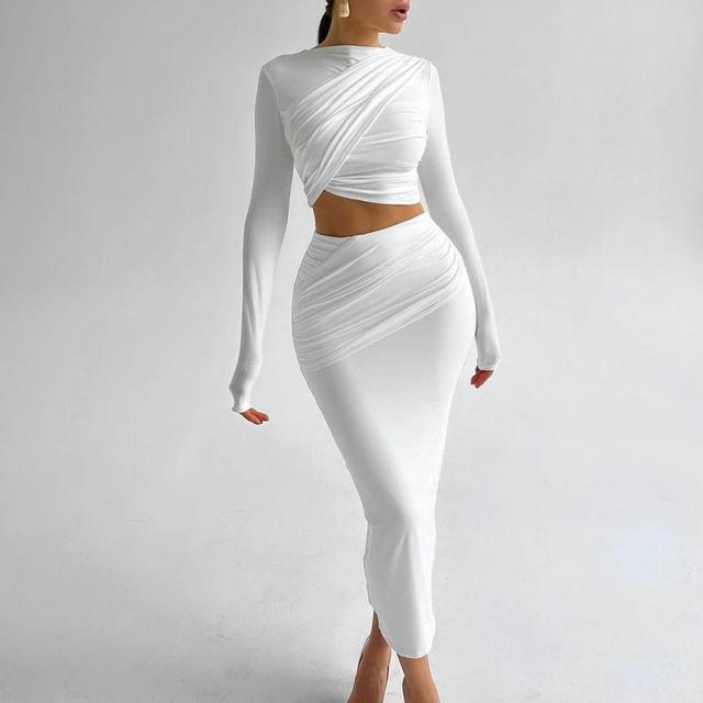 Set: Long-Sleeve Crew Neck Plain Asymmetrical Crop Slim Fit T-Shirt + High Waist Midi Pencil Skirt Product Image