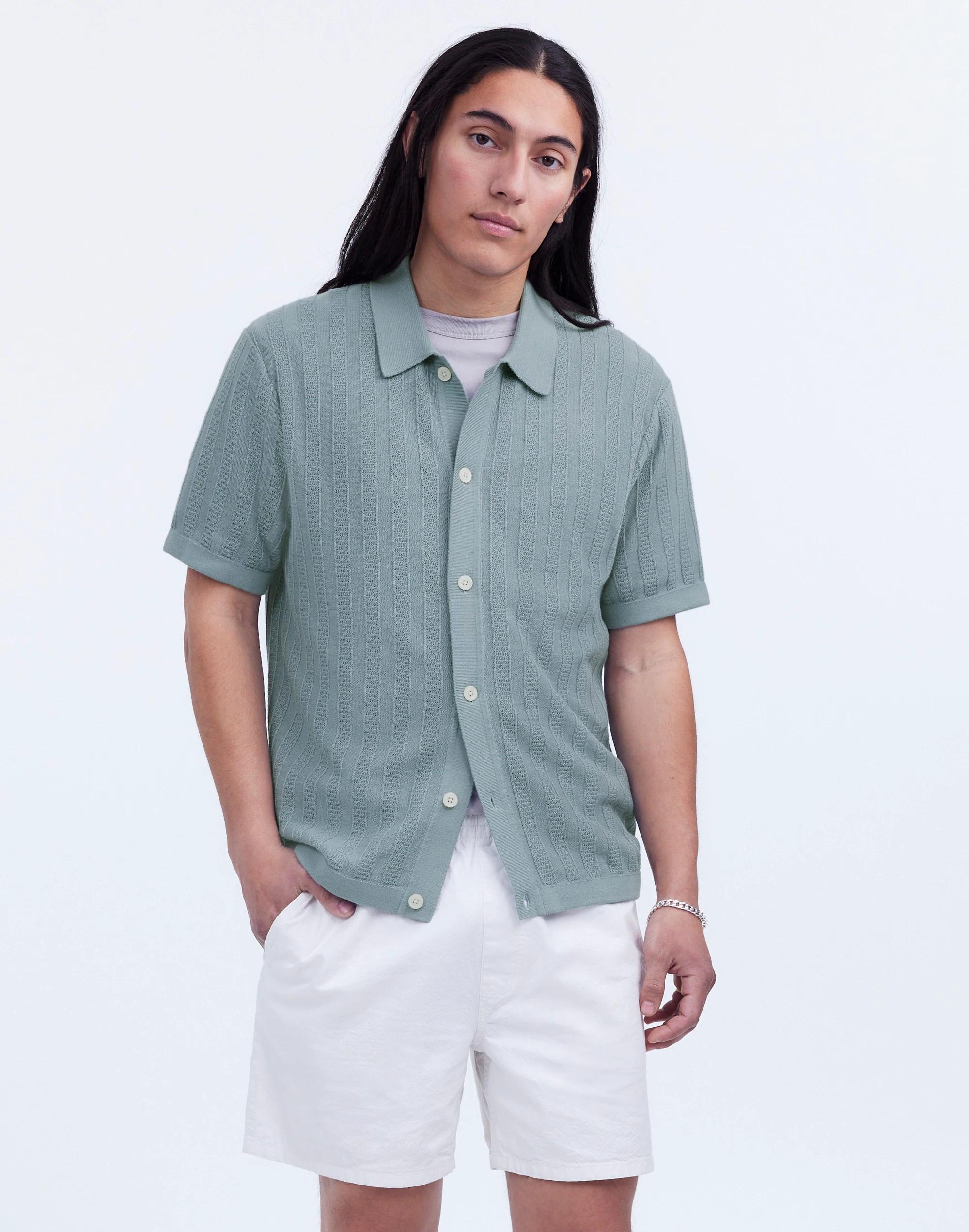 Button-Up Sweater Polo in Textured Stripe Product Image