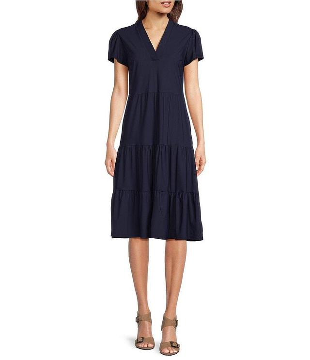 Jude Connally Libby Solid Jude Cloth Knit V-Neck Short Puffed Sleeve A-Line Tiered Midi Dress Product Image