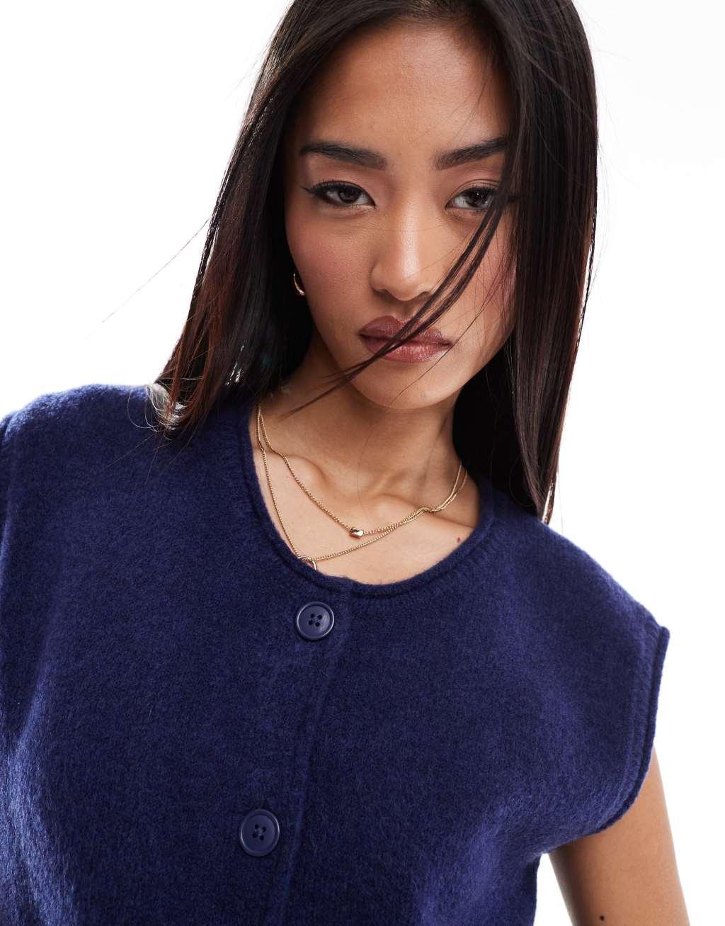 ASOS DESIGN knitted crew neck boxy vest in navy Product Image