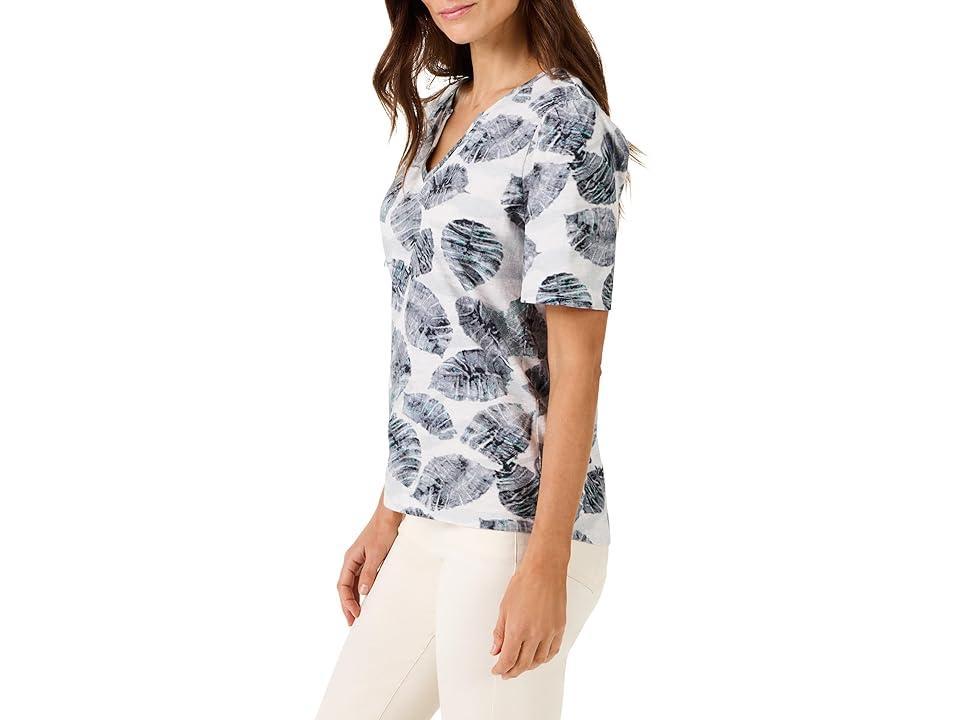 NIC+ZOE Falling Palms Short Sleeve Split Neck Tee (Grey Multi) Women's Clothing Product Image