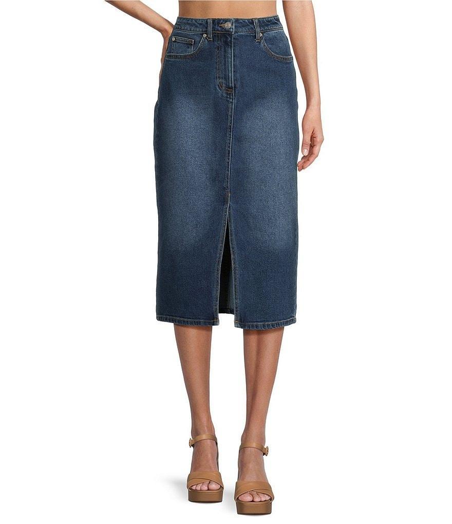 GB Front Slit Denim Midi Skirt Product Image