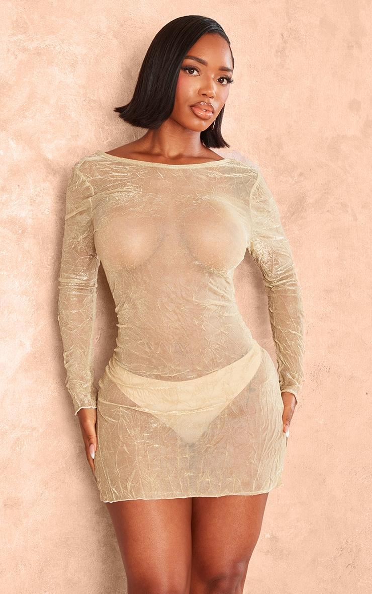 Shape Gold Glitter Sheer Long Sleeve Bodycon Dress Product Image