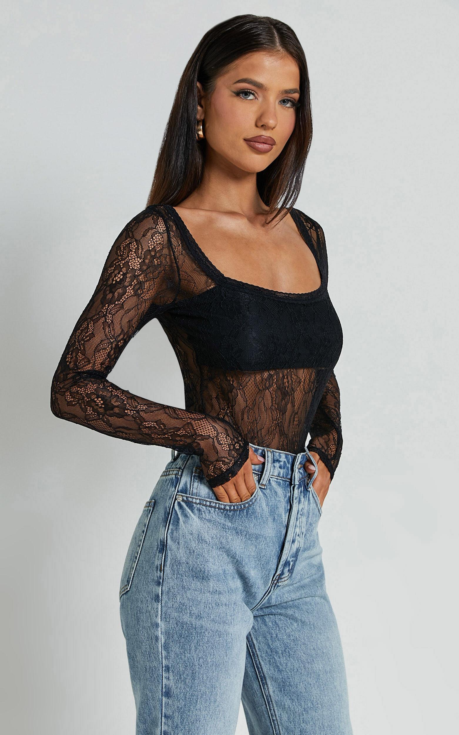 Cynthia Bodysuit - Long Sleeve Lace Bodysuit in Black Product Image