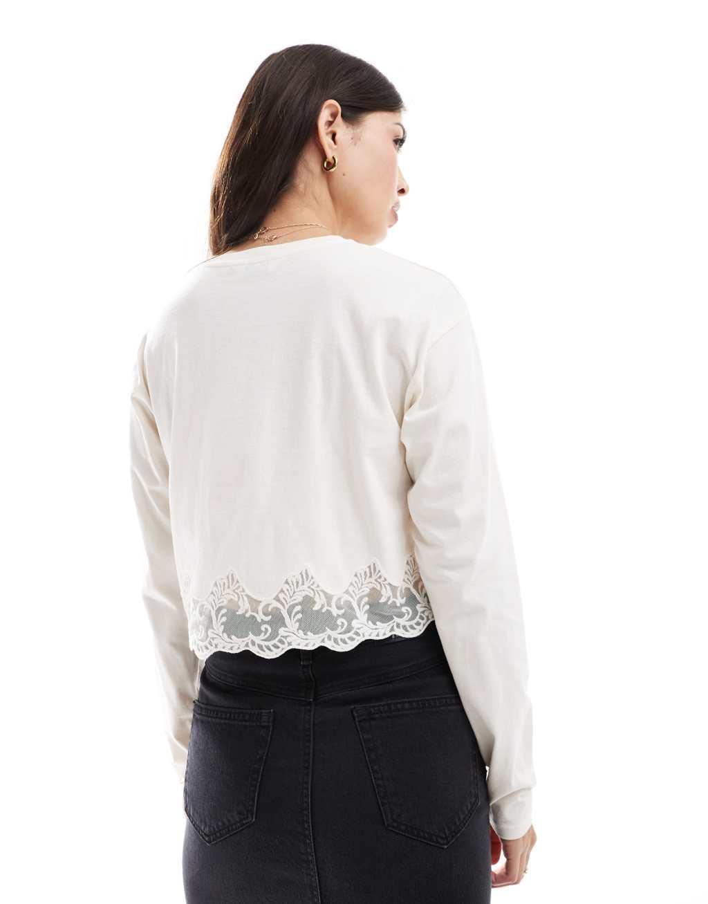 Miss Selfridge long sleeve lace hem detail top in cream Product Image