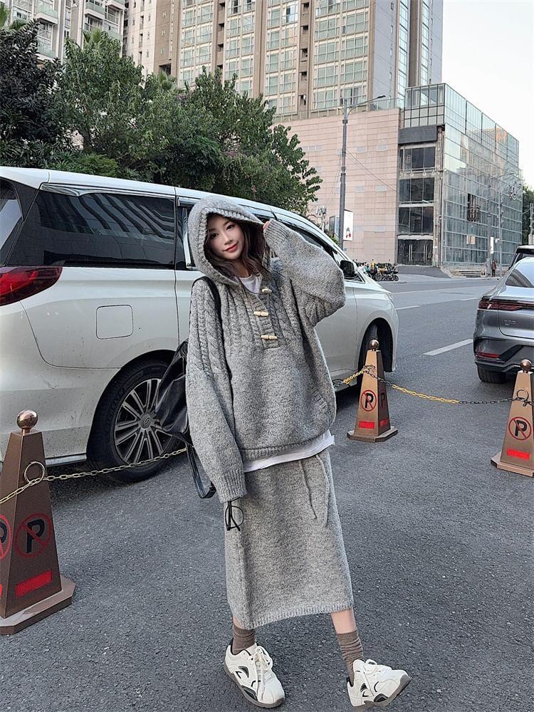 Henley Plain Hooded Oversized Sweater / Mid Rise Knit Maxi Pencil Skirt Product Image