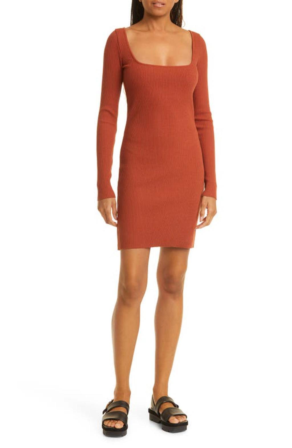 Square Neck Long Sleeve Rib Dress In Rust Amber product image