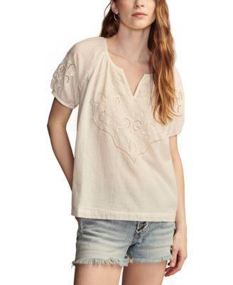 Women's Short-Sleeve Cutwork Cotton Peasant Top Product Image