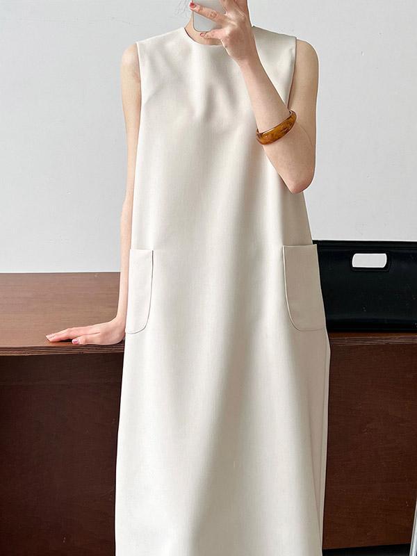 High Waisted Loose Pockets Solid Color Split-Back Zipper Round-Neck Midi Dresses product image