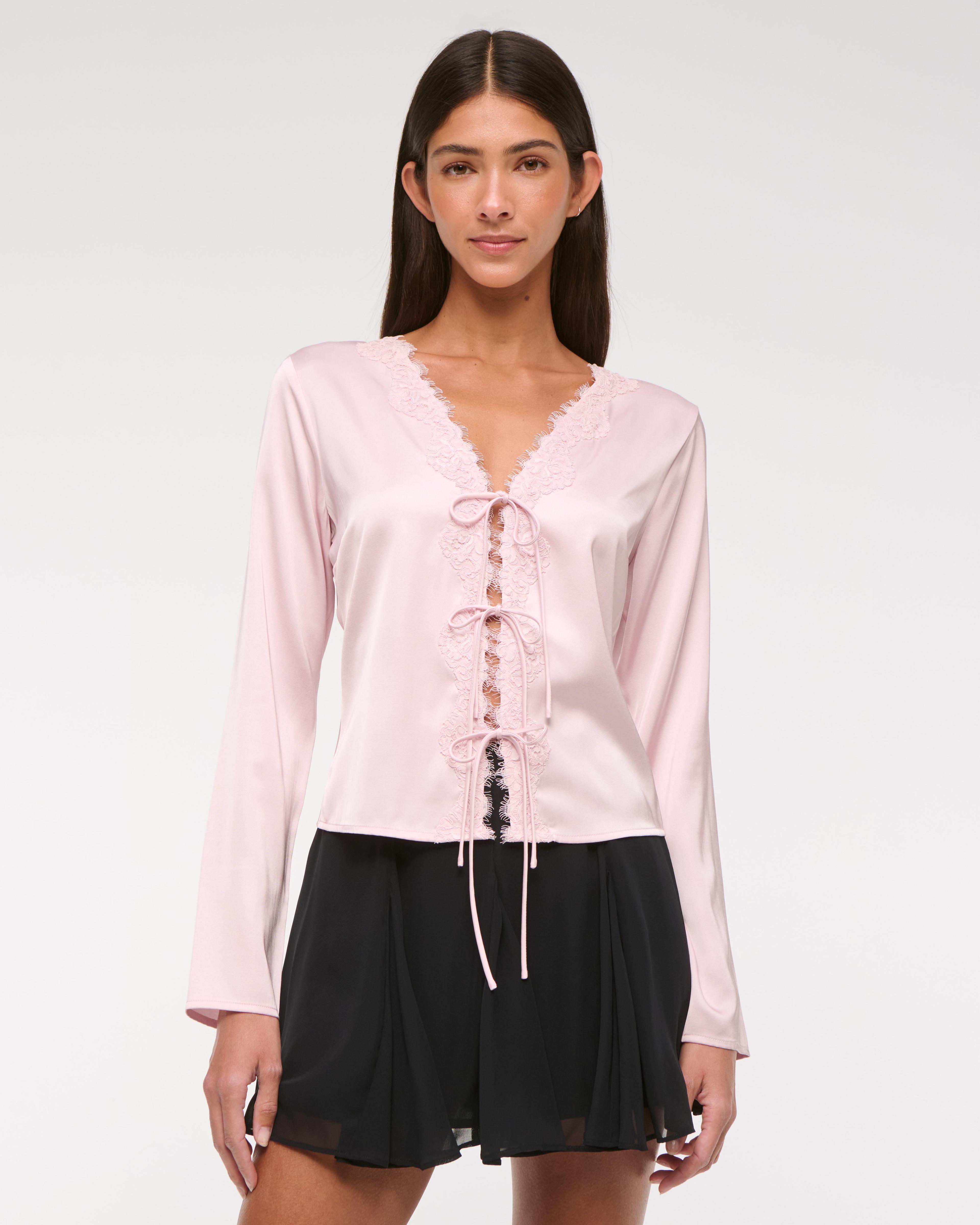 Long-Sleeve Lace-Trim Tie-Front Top Product Image