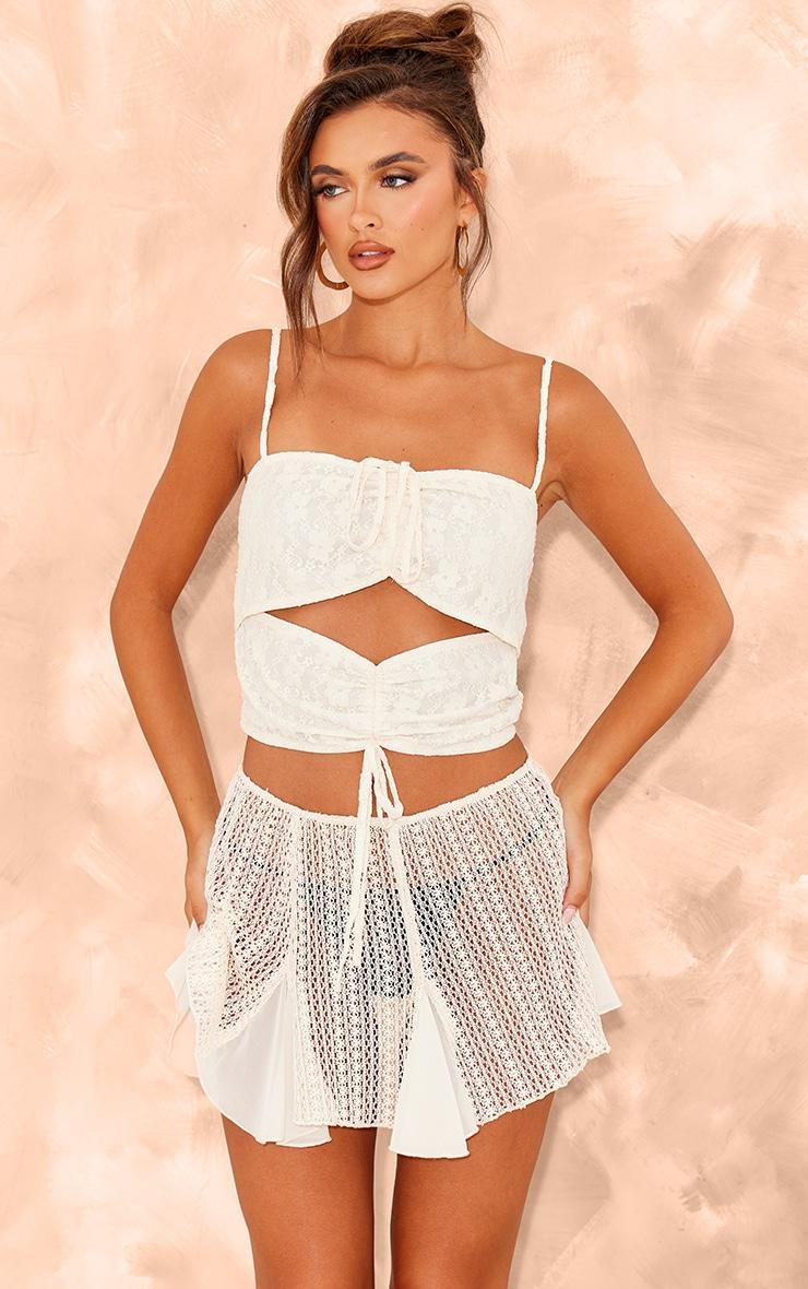 Cream Floral Lace Textured Cut Out Tie Crop Top Product Image