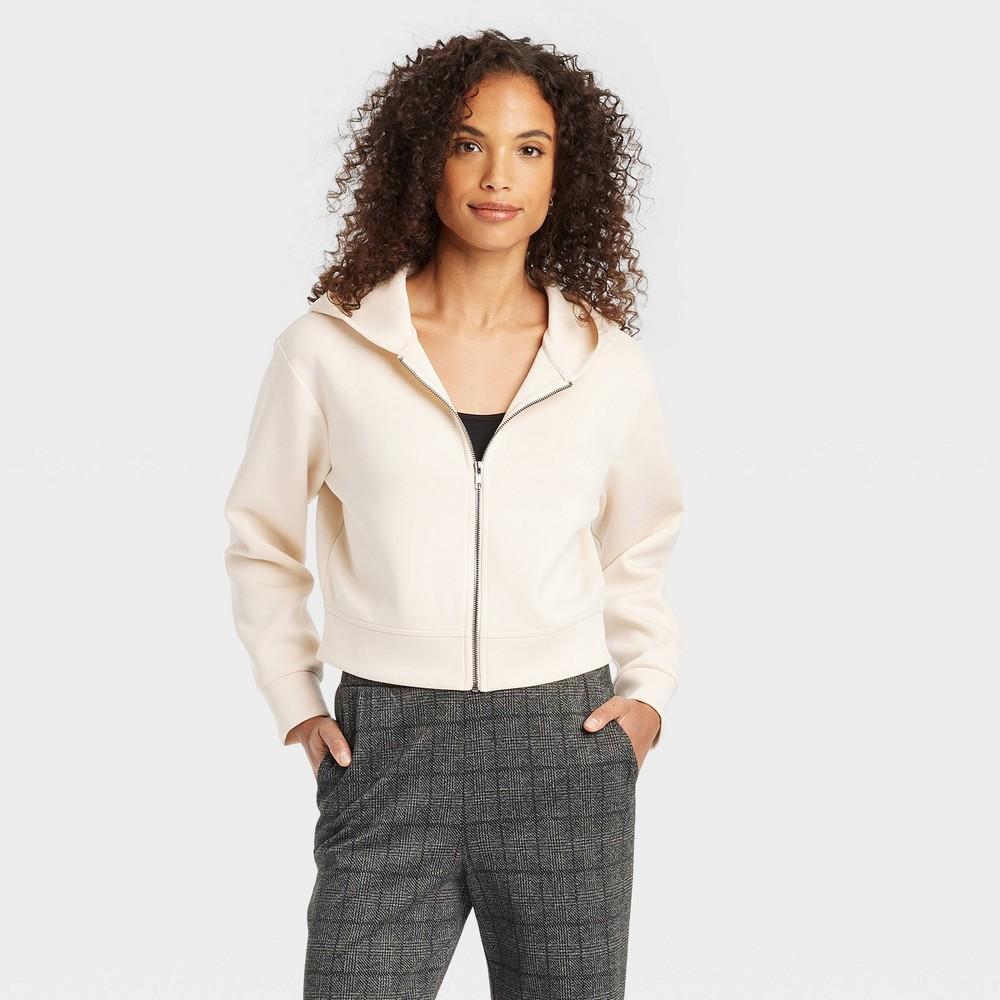 Womens Double Knit Zip Hoodie Sweatshirt - A New Day Cream XS Product Image