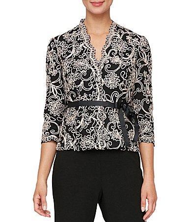 Alex Evenings V-Neck 34 Sleeve Scalloped Floral Lace Lined Embroidered Top Product Image