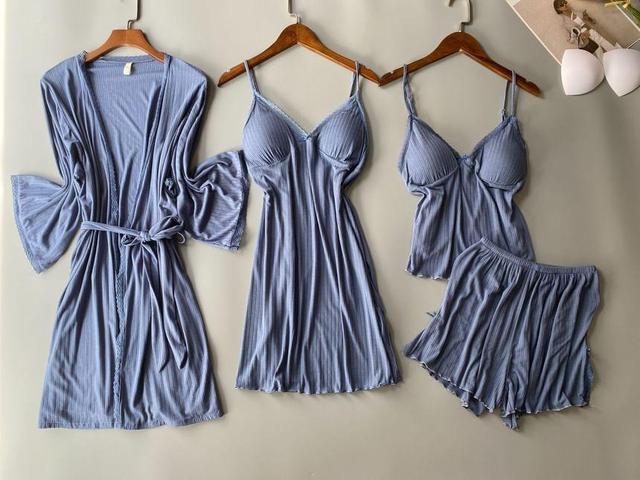 Pajama Set: Plain Camisole + Spaghetti Strap Nightdress + Elastic Waist Shorts + Tie Front Robe Product Image