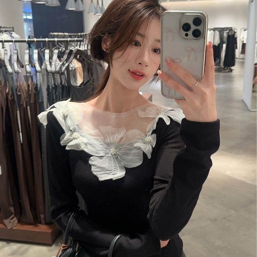 Long Sleeve Crew Neck Floral Applique Panel Mesh Top Product Image