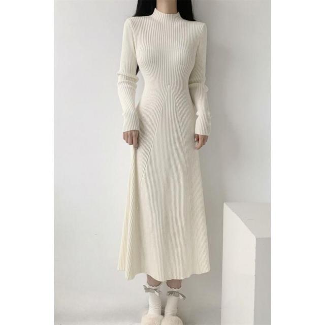 Long-Sleeve Mock Neck Knit Plain Midi A-Line Dress Product Image