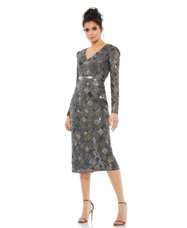 Mac Duggal Womens Long Sleeve Geometric Sequin Midi Dress Product Image