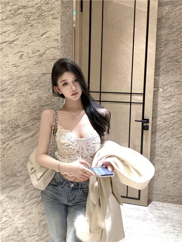 Flower Embroidered Lace Cropped Bustier Product Image