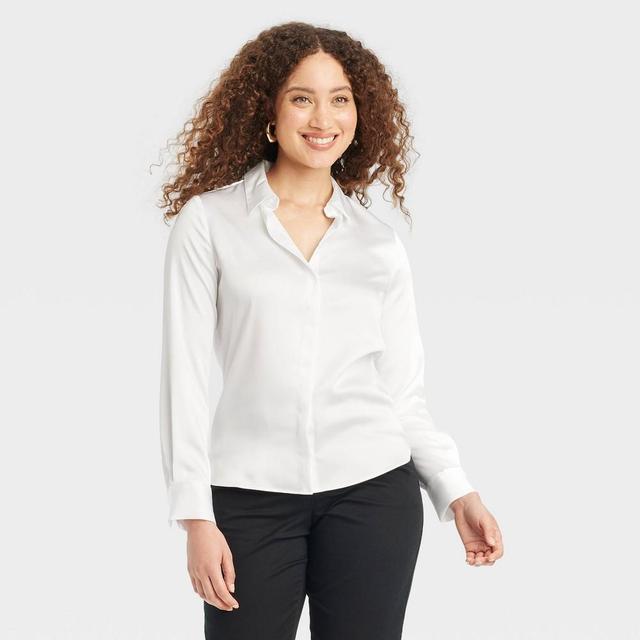 Womens Long Sleeve Button-Down Satin Shirt - A New Day White M Product Image