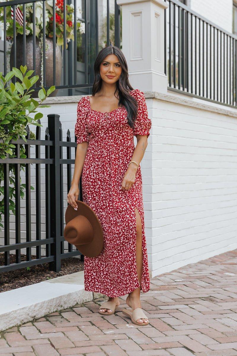 Wine Floral Print Smocked Maxi Dress Product Image