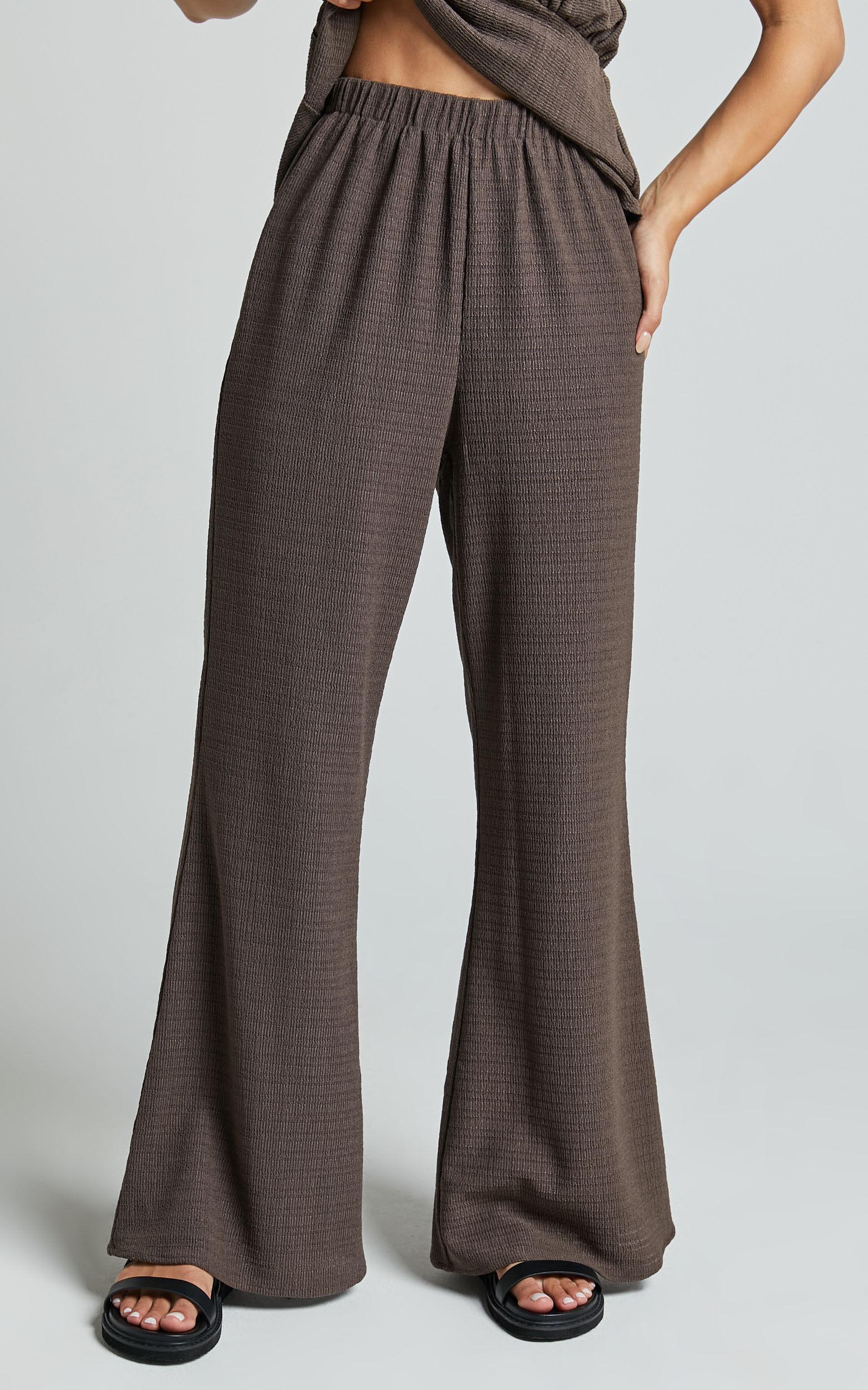 Suki Pants - Elasticated High Waist Wide Leg Textured Pants in Dark Oak Product Image