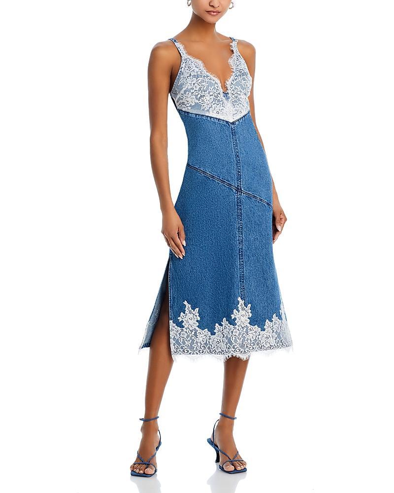 Womens Lace-Embellished Denim Midi-Dress Product Image