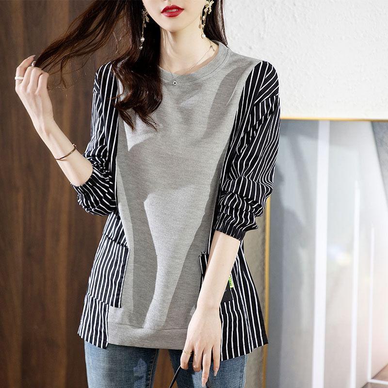 Crew Neck Striped Panel Oversized Sweatshirt Product Image