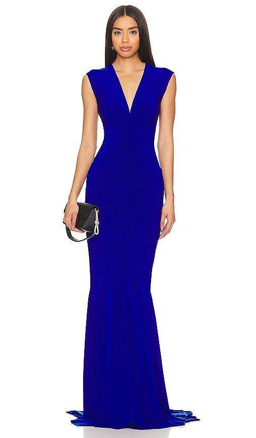 Norma Kamali Sleeveless Deep V Neck Shirred Front Fishtail Gown in Royal. Product Image