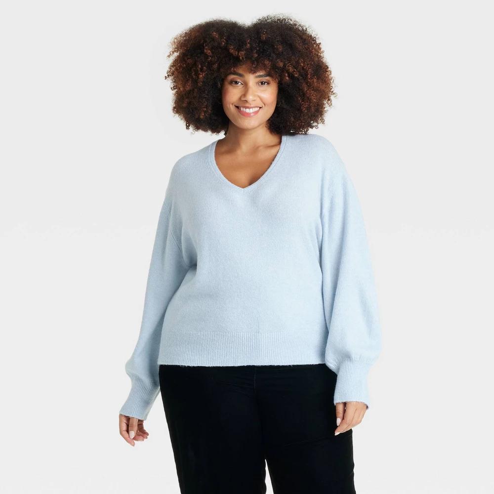 Womens Cozy Knit V-Neck Pullover Sweater - A New Day Light Blue 3X Product Image