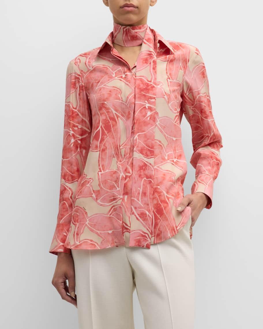 Floral-Print Long-Sleeve Neck-Scarf Silk Blouse Product Image