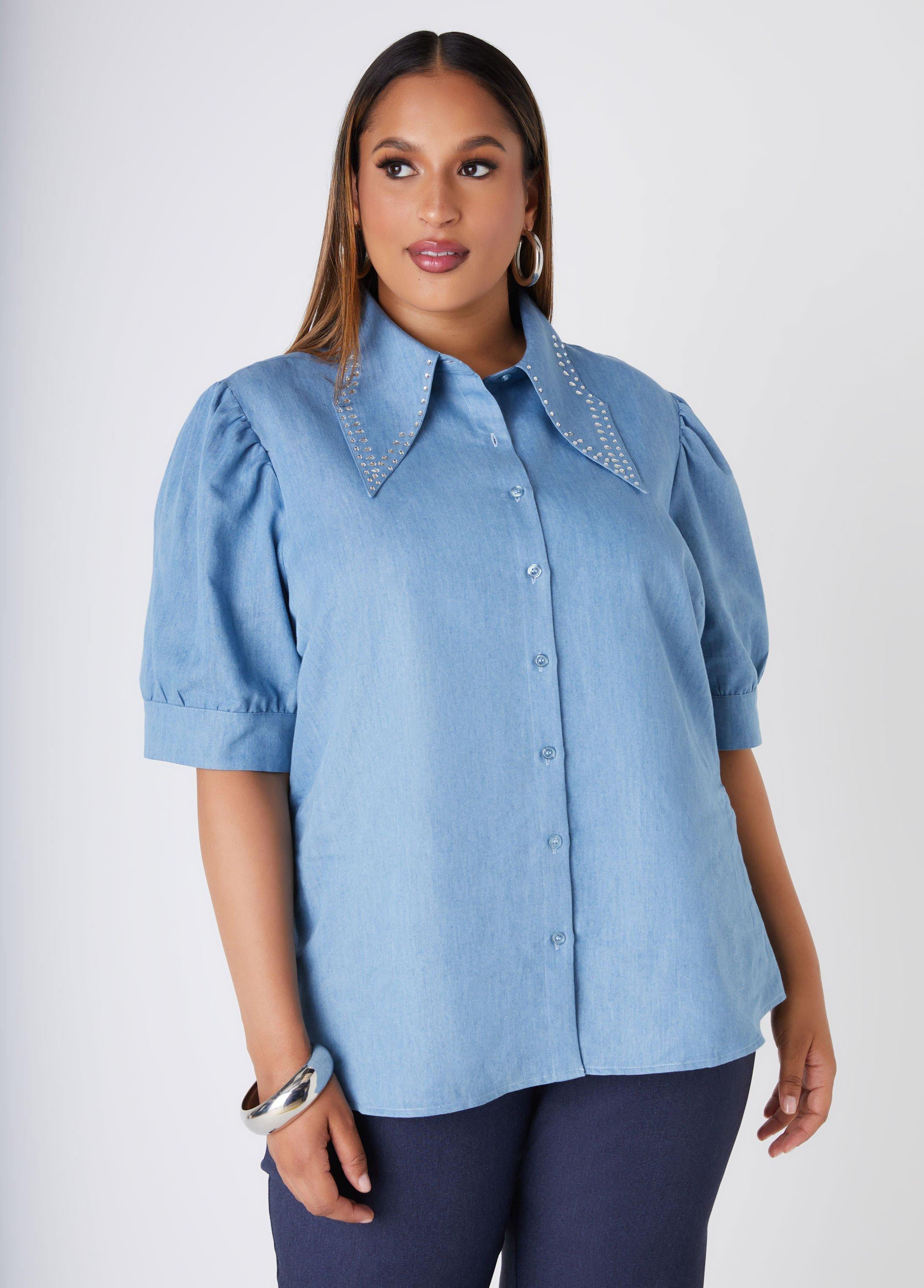 Plus Size Crystal Chambray Shirt Ashley Stewart Product Image