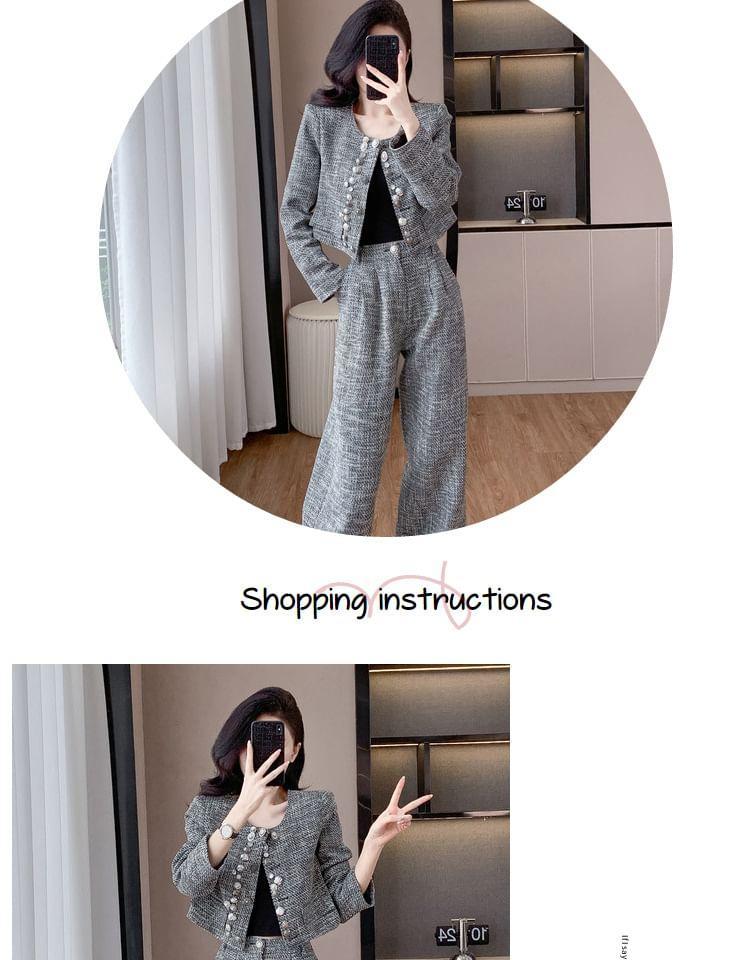 Set: Round Neck Beaded Tweed Button Jacket + High Waist Wide Leg Pants Product Image