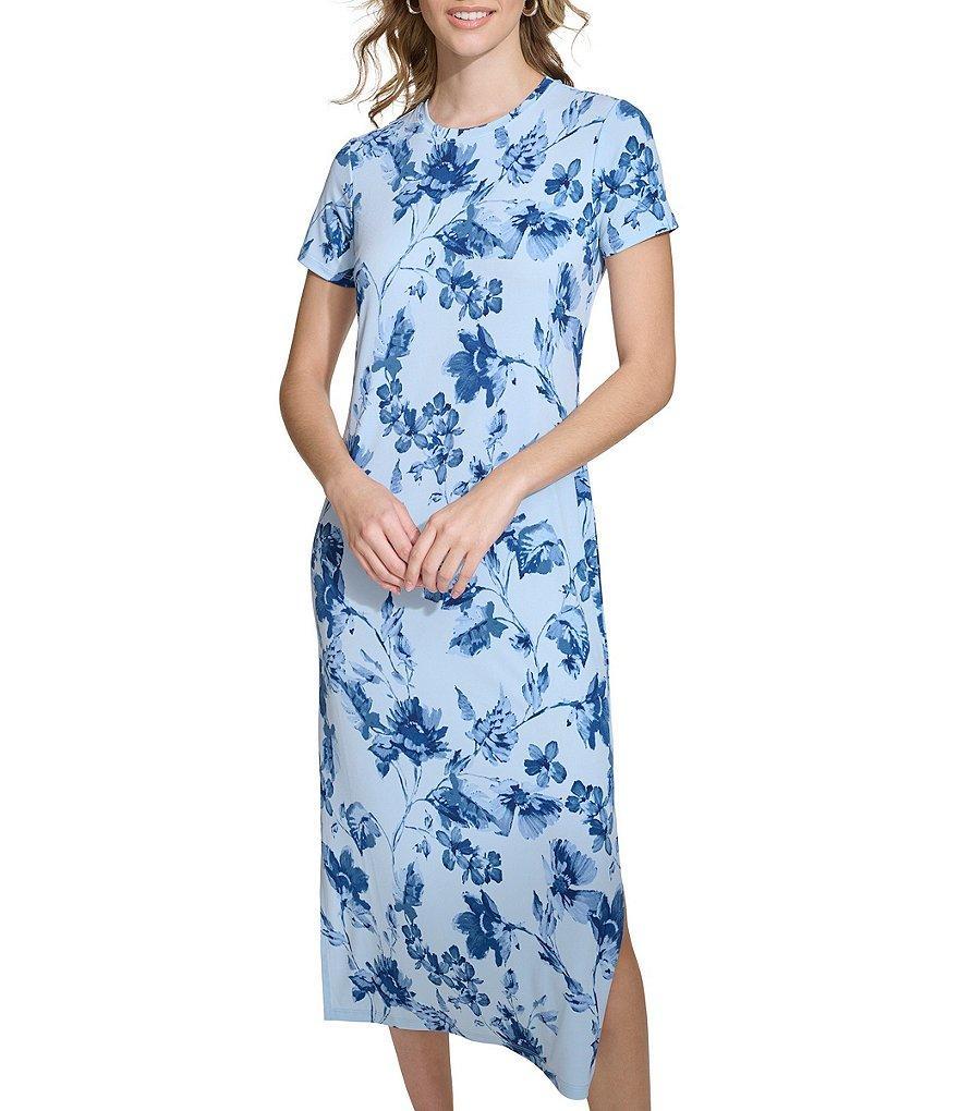 Calvin Klein Floral Print Crew Neck Short Sleeve Side Slit Midi Dress Product Image