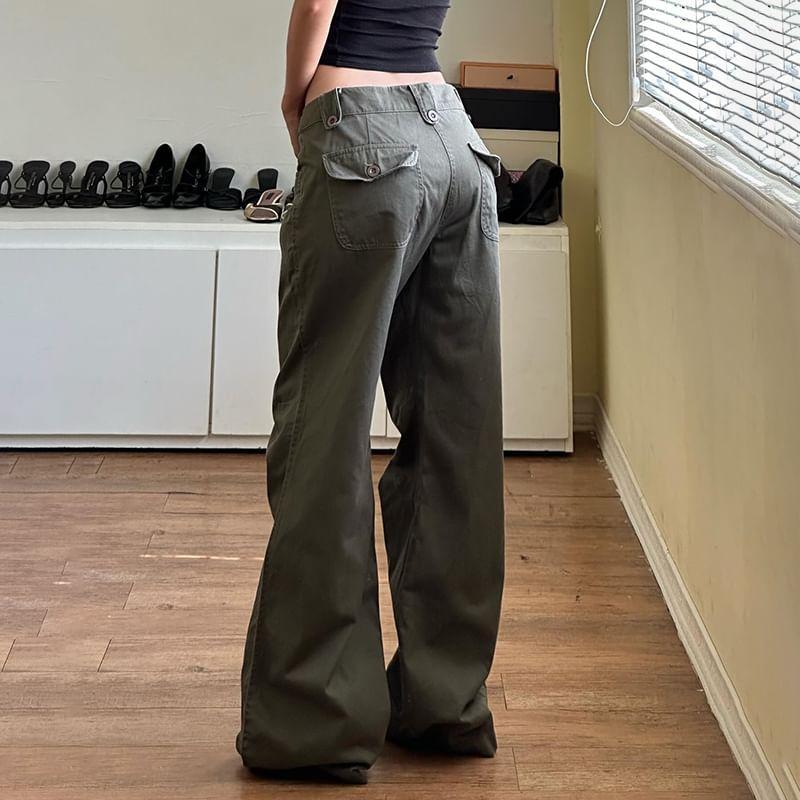 High Waist Plain Wide Leg Cargo Pants Product Image