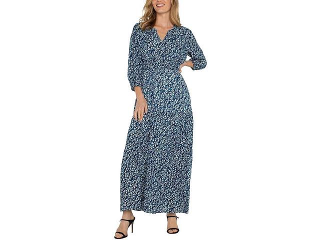 Liverpool Los Angeles 3/4 Sleeve Tiered Woven Maxi Dress (Blue Topaz Animal) Women's Dress Product Image