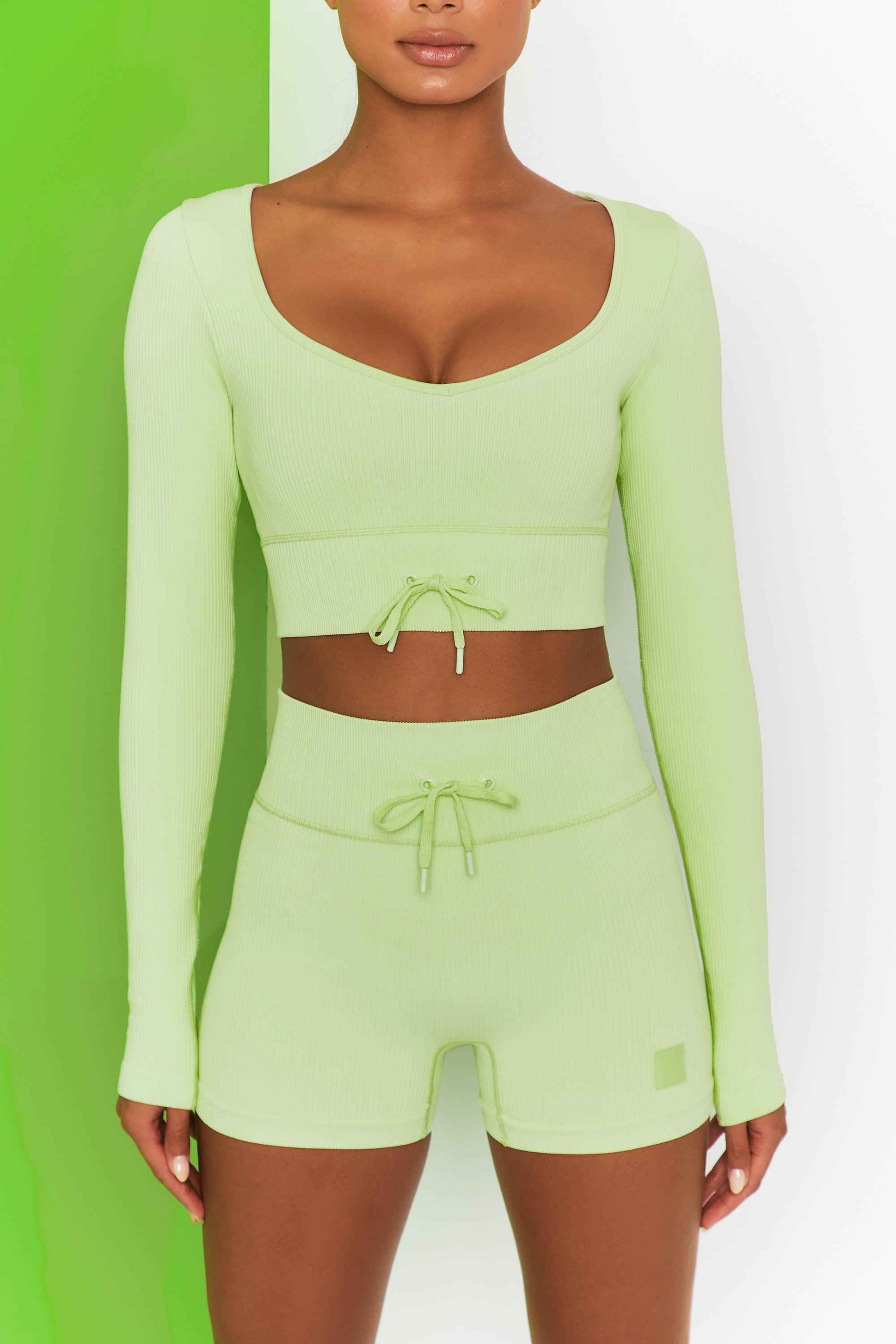 Time Check Ribbed Long Sleeve Crop Top in Lime Product Image