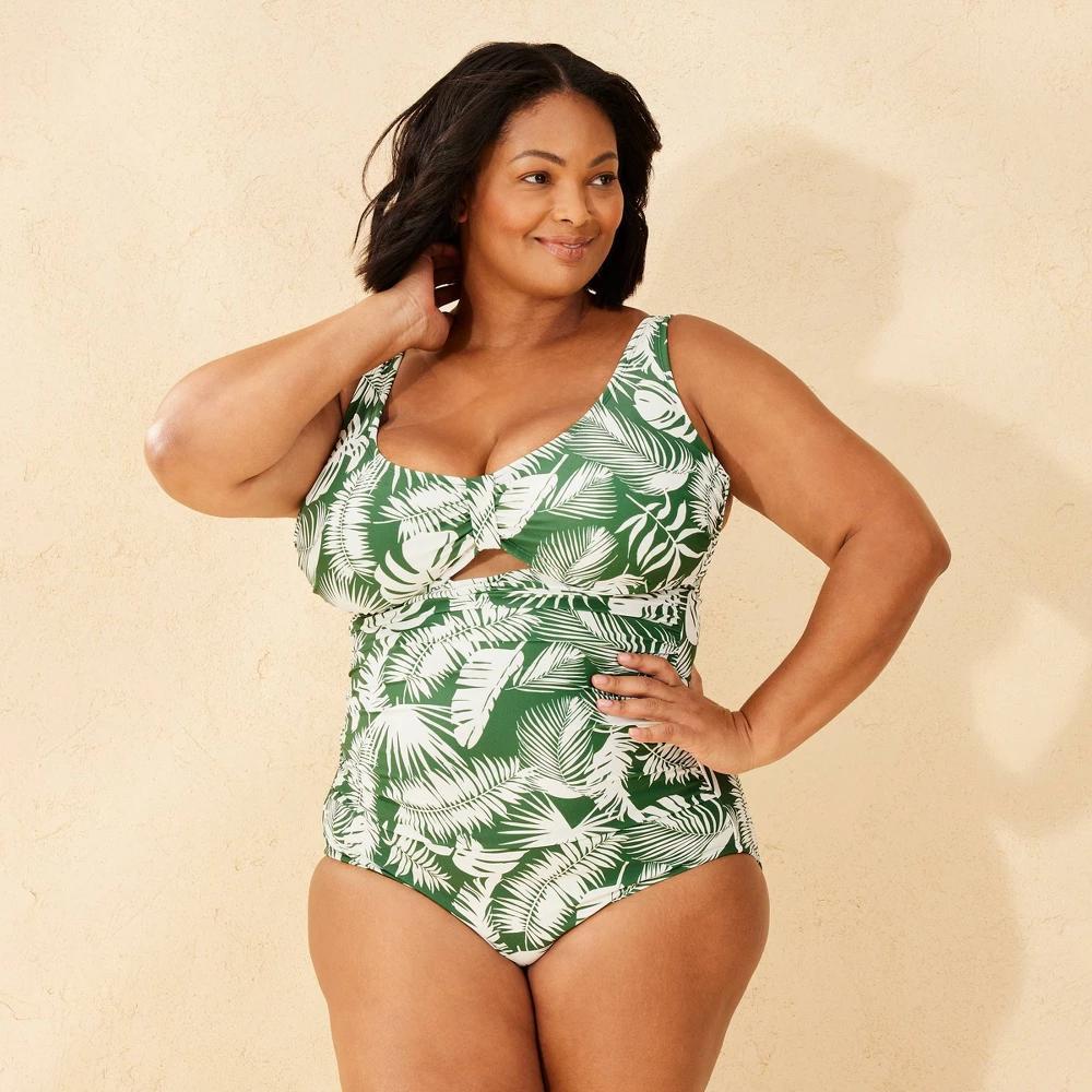 Womens Tab-Front Full Coverage Tummy Control One Piece Swimsuit - Shade & Shore Green Tropical Print 17 Product Image