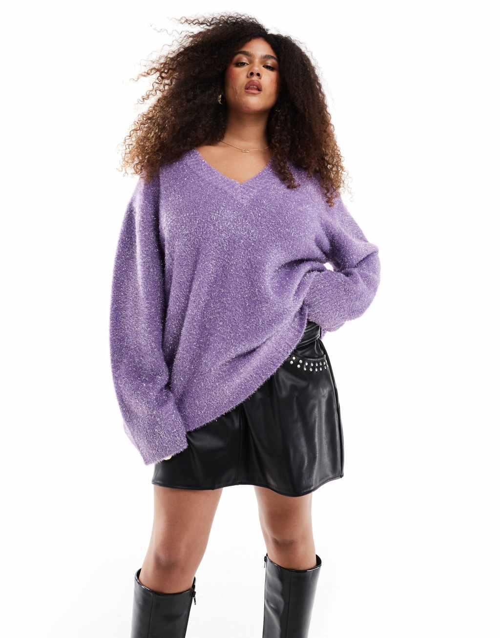 Renee Studio x Michelle Nayla exclusive tinsel v neck wide sleeve sweater in purple Product Image