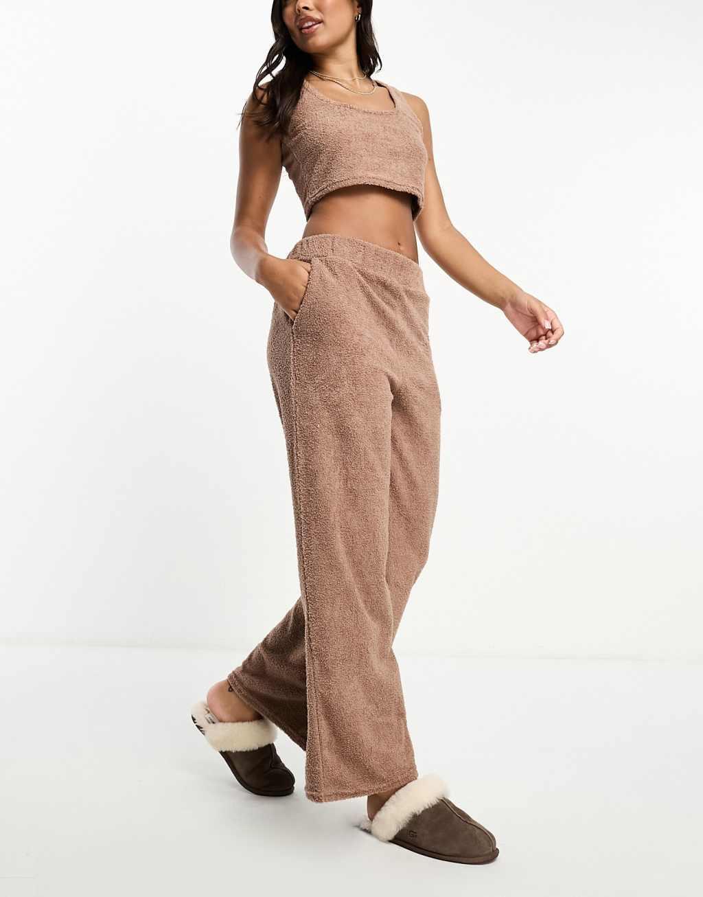 Loungeable soft fuzzy wide leg pants in chocolate brown Product Image