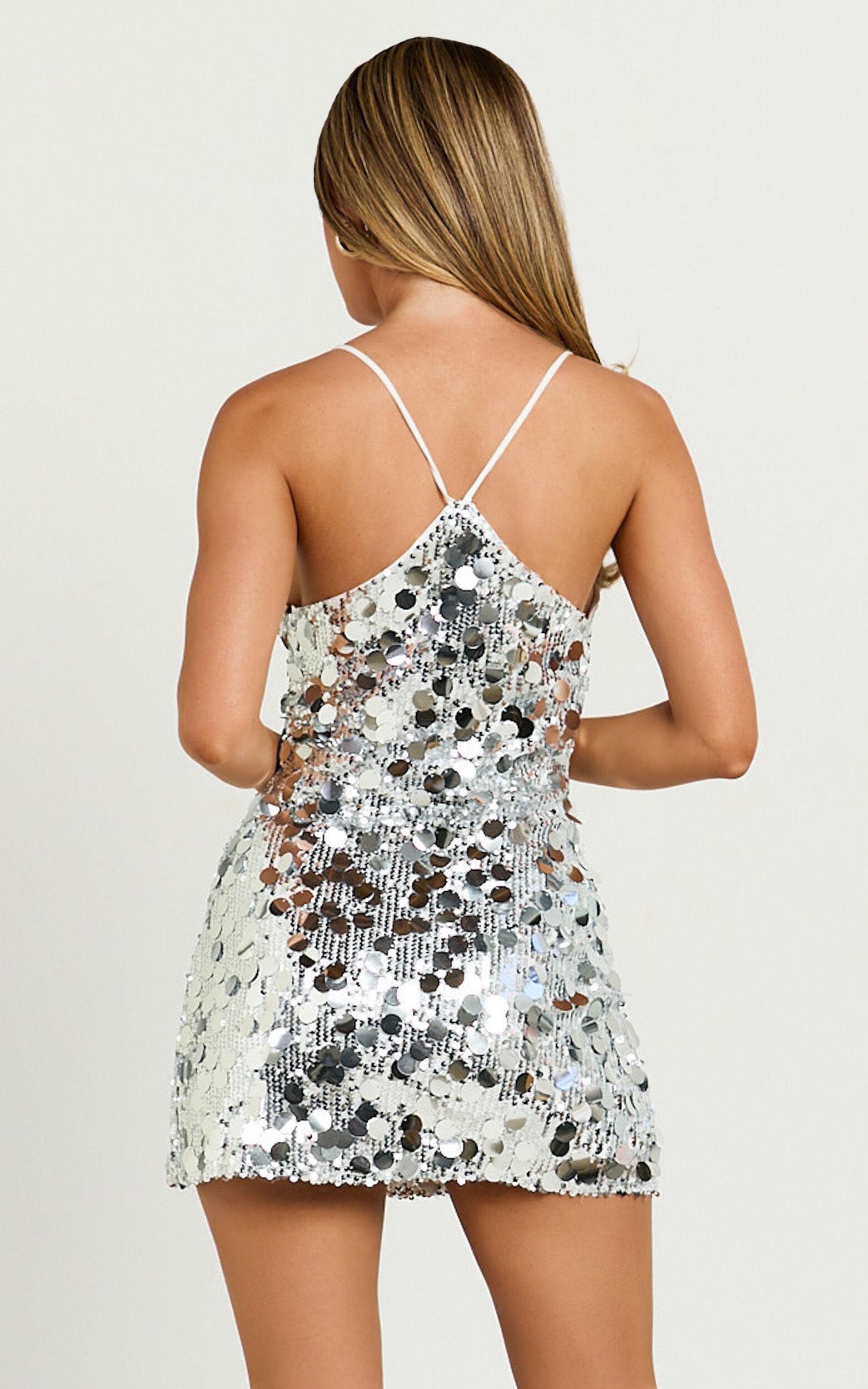 Amore Mini Dress - Sequin V Neck Slip Dress in Silver Product Image