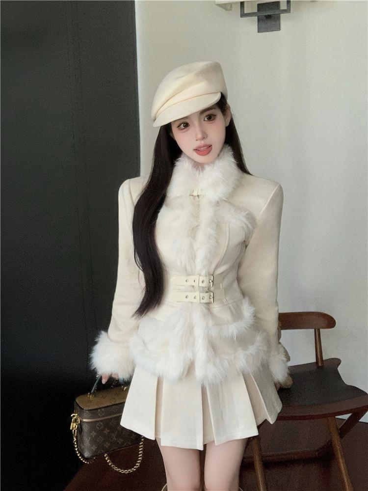 Set: Plain Fluffy Trim Buckled Jacket + High Waist Pleated Mini A-Line Skirt Product Image