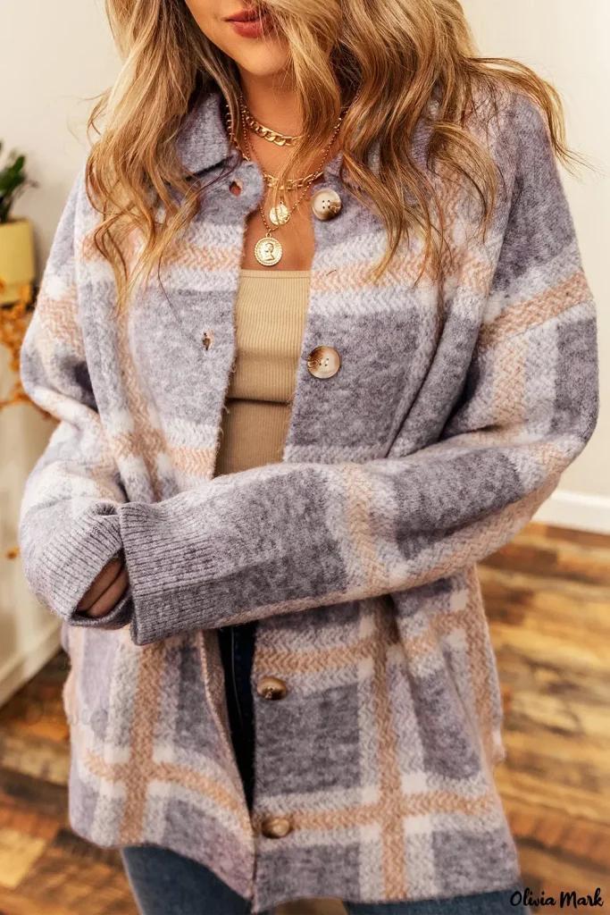 Olivia Mark – Stylish Sky Blue Button Up Cardigan with Plaid Collar and Fuzzy Texture Product Image