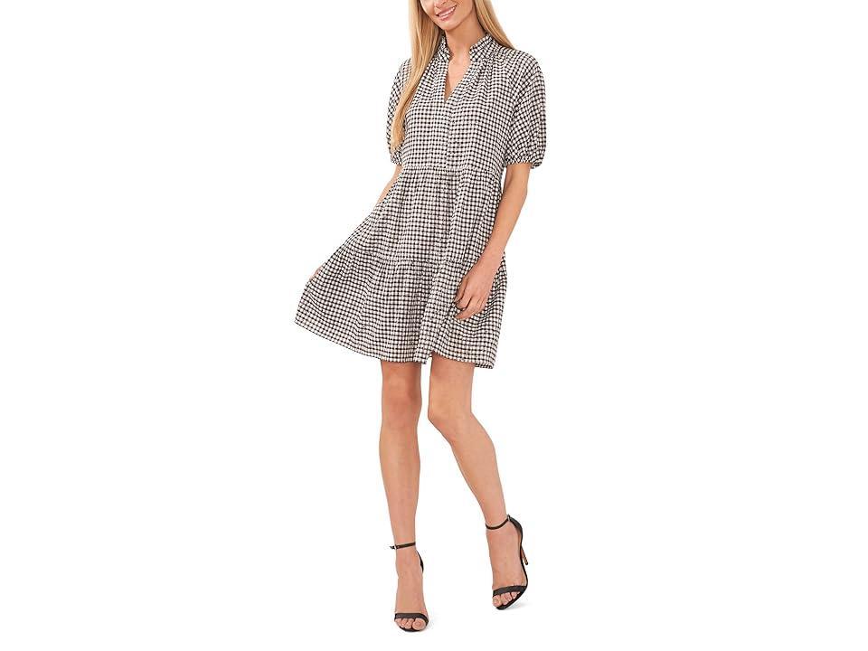 CeCe V-Neck Short Puff Sleeve Tiered Gingham Babydoll Dress Product Image