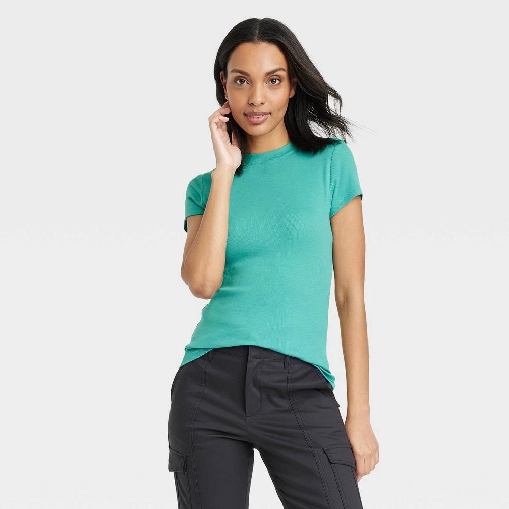 Women's Slim Fit Short Sleeve Ribbed T-Shirt - A New Day™ Dark Teal XL Product Image