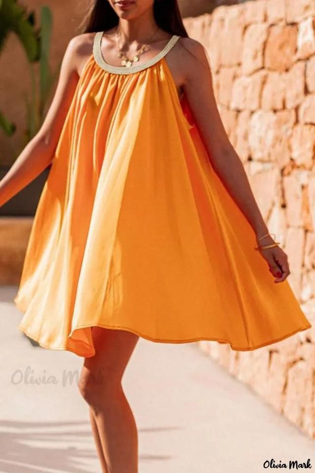 Olivia Mark – Exquisite Sleeveless Boho Babydoll Dress with Woven Neckline in Vitality Orange Product Image