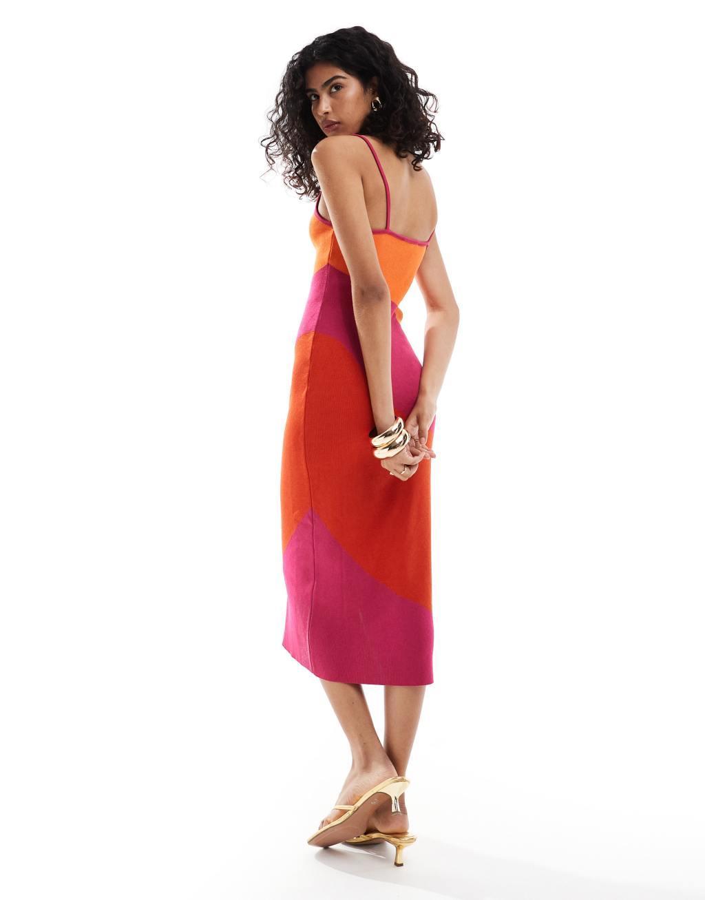 Mango knit mixed stripe cami dress in red Product Image