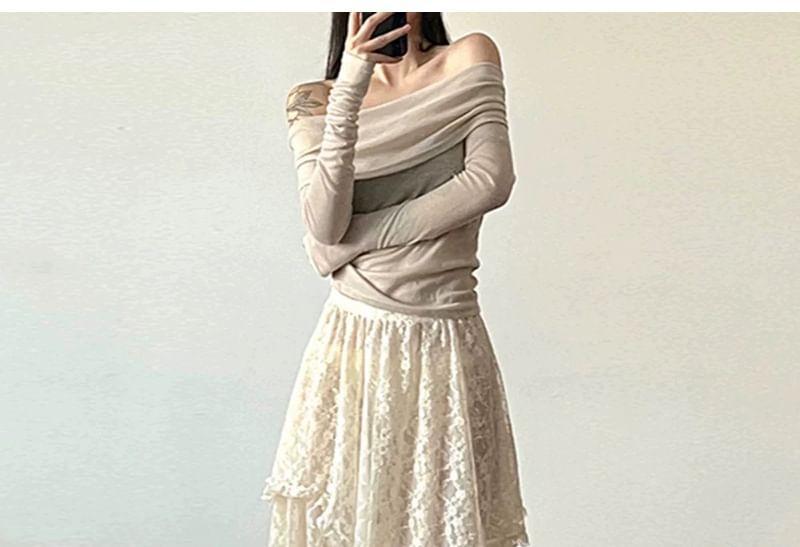 Elastic Waist Asymmetrical Lace Midi A-Line Skirt / String Belt Product Image