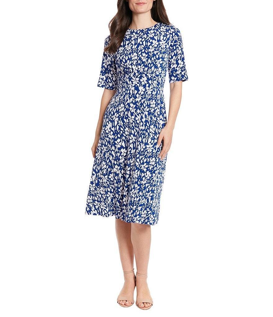 London Times Short Sleeve Floral Print Matte Jersey A-Line Midi Dress Product Image