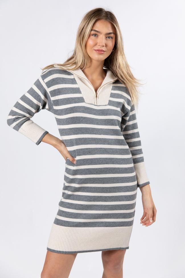 Between You and Me Grey Striped Quarter Zip Sweater Dress FINAL SALE Product Image