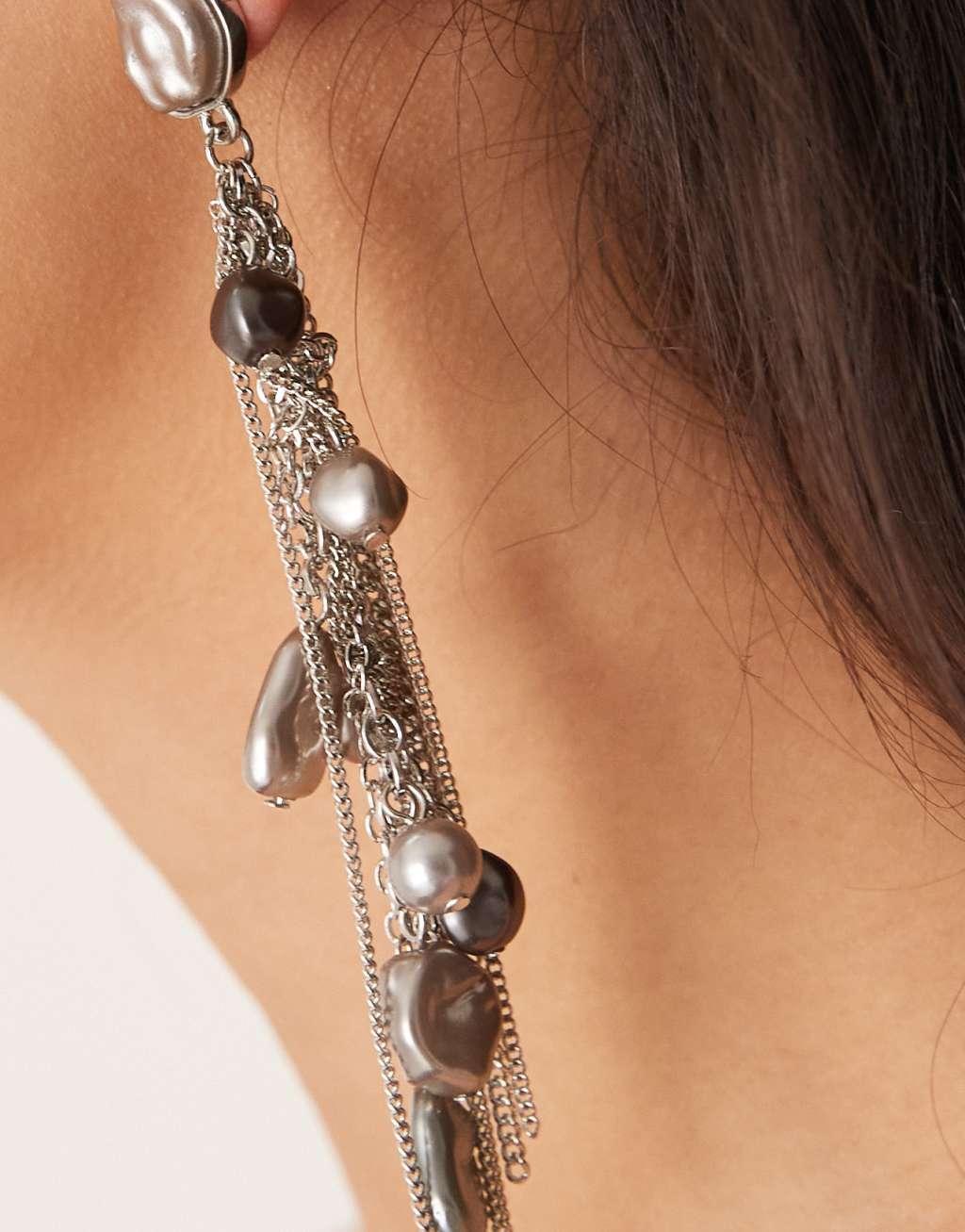 ASOS DESIGN drop earrings with pearl and chain detail in silver tone Product Image